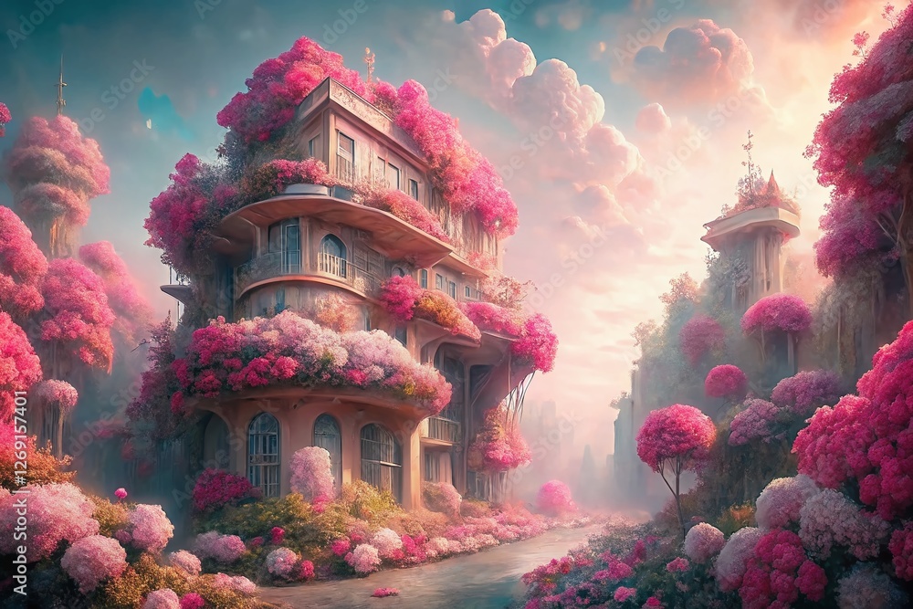 Fototapeta premium Serene Pink Flower Garden Architectural Photography: Dreamy Tranquil Peaceful Scene
