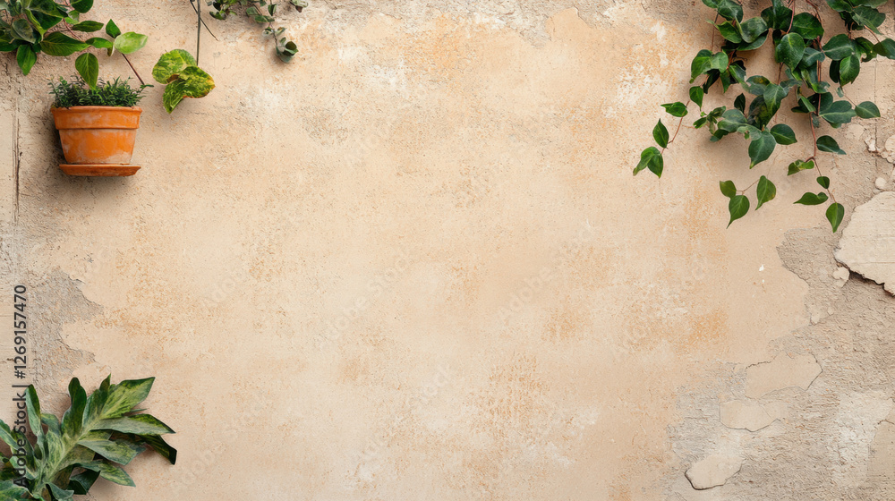 Bohemian background, A textured wall adorned with greenery, showcasing a potted plant and trailing vines. Bohemian background, A textured wall adorned with greenery, showcasing a potted plant and trailing vines.