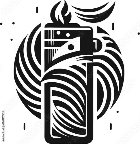 A stylized black and white illustration of a windproof lighter with a flame, surrounded by swirling abstract patterns. The design is intricate and modern, making it visually appealing for artistic and