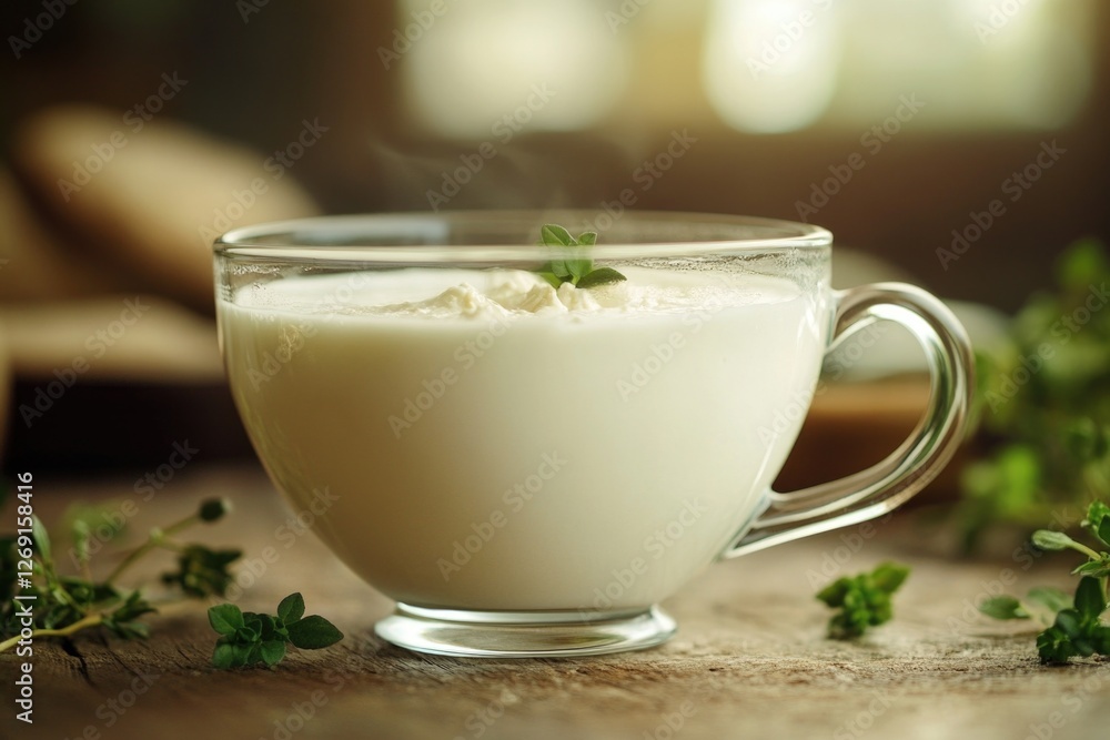 A glass cup filled with milk and a sprig of fresh parsley A glass cup filled with milk and a sprig of fresh parsley