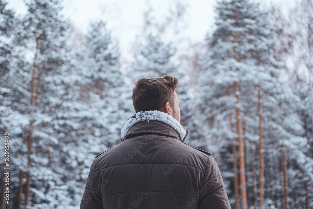 A man stands in the doorway of a snowy forest, great for winter or nature scenes A man stands in the doorway of a snowy forest, great for winter or nature scenes