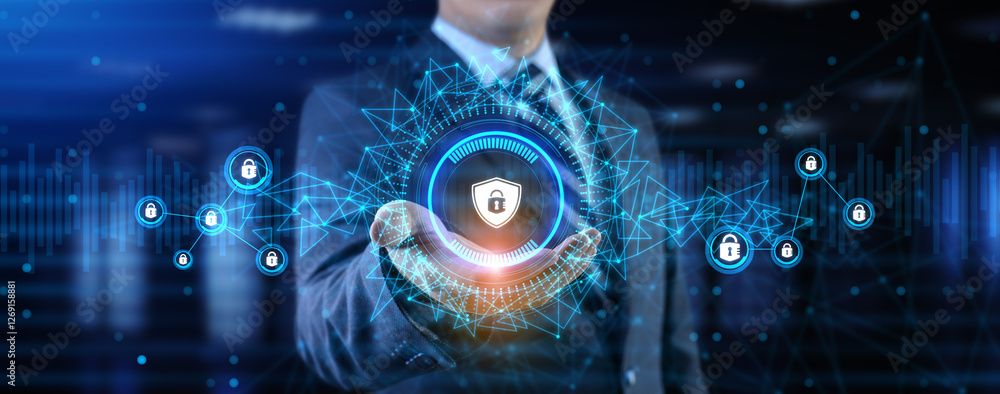 Cyber security access control data protection personal information privacy concept. Businessman pressing button on screen. Cyber security access control data protection personal information privacy concept. Businessman pressing button on screen.