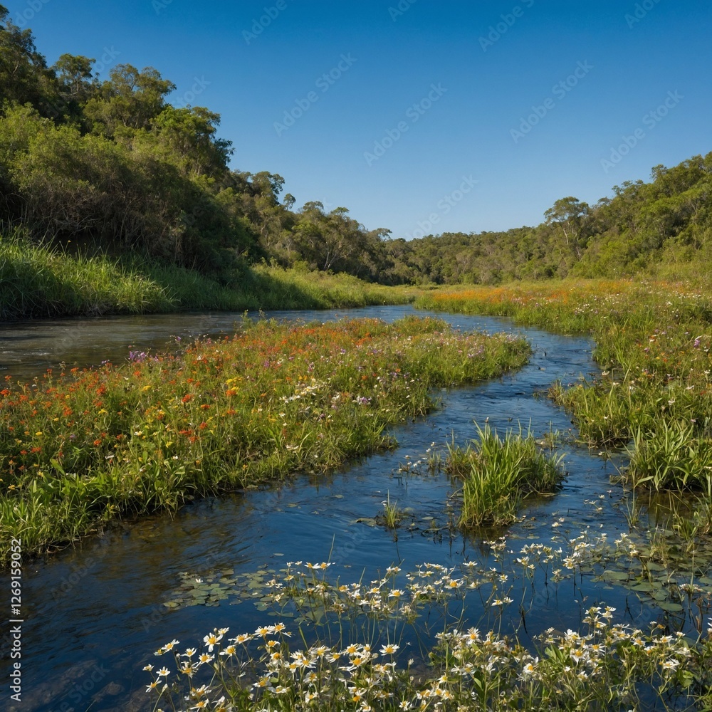 Fototapeta premium An enchanting jungle riverbank covered in wildflower plants, shimmering under a clear blue sky.