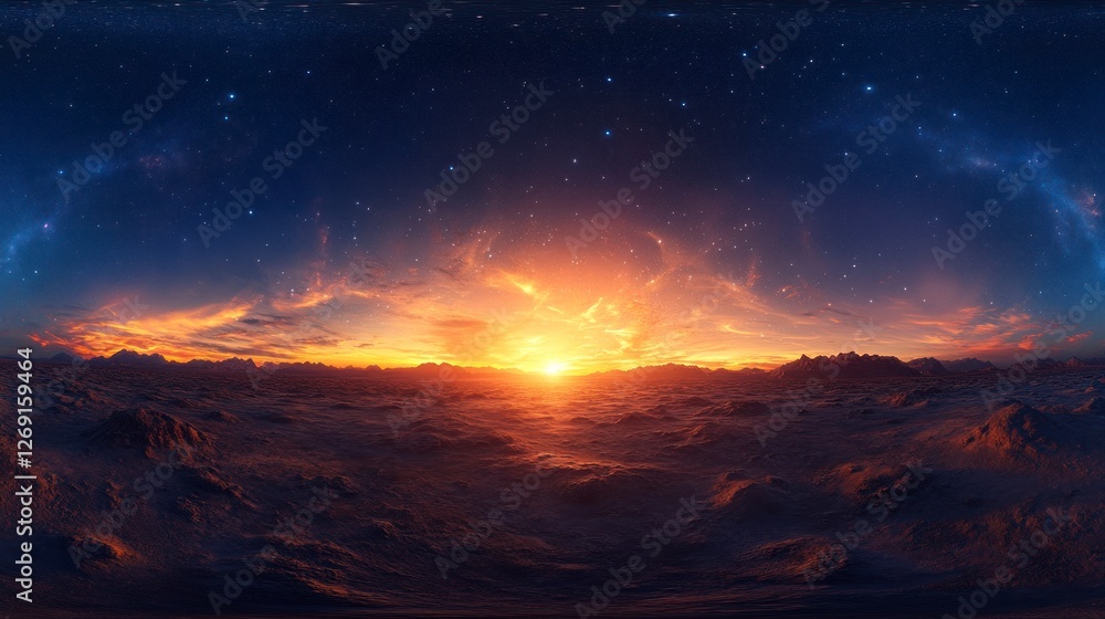 Stunning Equirectangular Projection of a Cosmic Sunset with Stars and Mountains in a Majestic Outer Space Scene