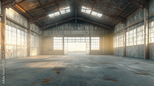 Empty Warehouse Interior in HDRI Panorama Format with Natural Lighting and Rustic Aesthetic