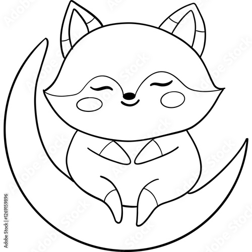 Cute cartoon fox sitting on a crescent moon, smiling cheerfully. outline for coloring.