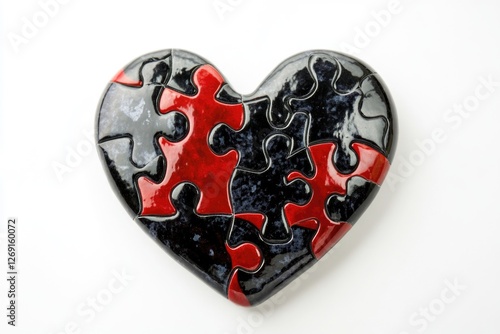 A single heart-shaped puzzle piece with red and black colors, ideal for use in illustrations about love, relationships, or emotional connections