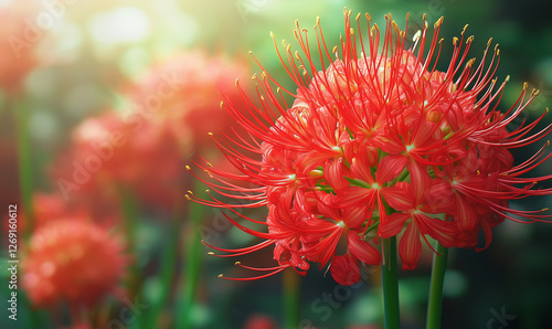 Red lily Scadoxus multiflorus in bloom close-up Blurred background with sunlight. Generated by artificial intelligence. photo