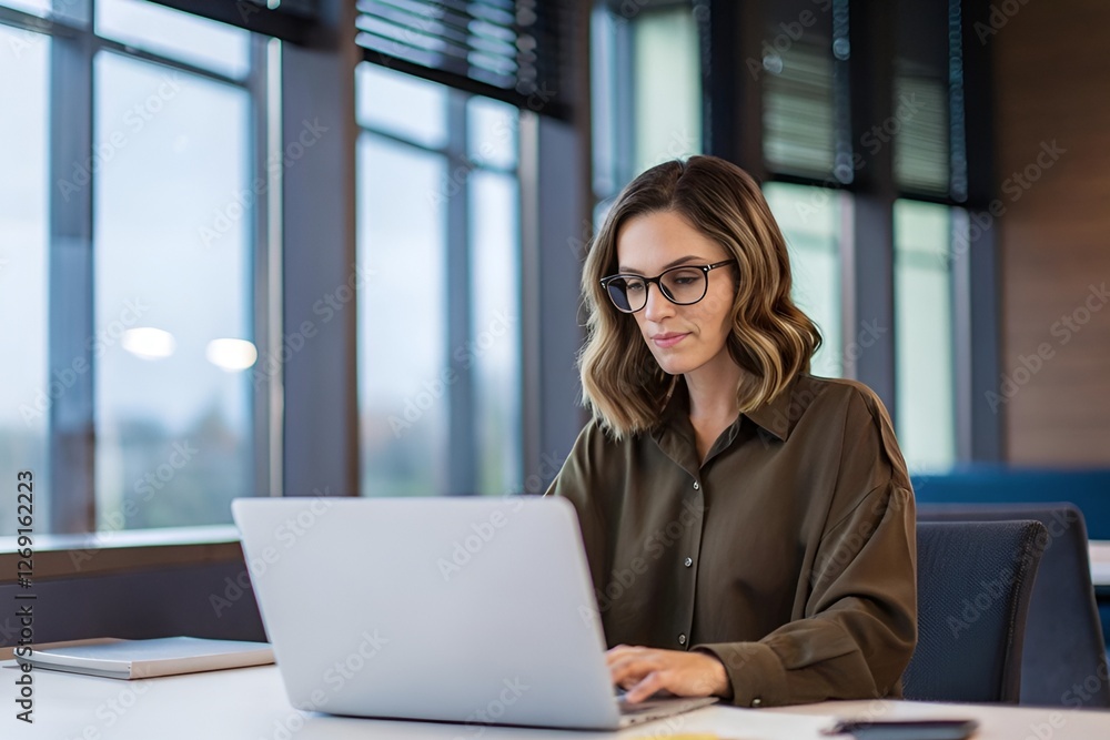 Focused Businesswoman Working on Laptop in Modern Office Focused Businesswoman Working on Laptop in Modern Office