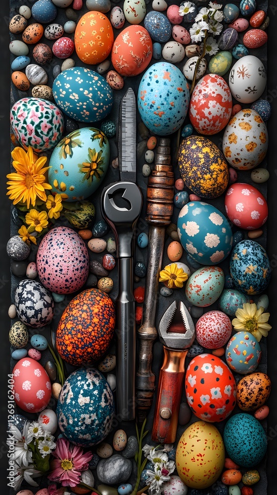 A Detailed Still Life of Engineering Tools and Easter Motifs: Celebrating Creativity and Spring Festivities A Detailed Still Life of Engineering Tools and Easter Motifs: Celebrating Creativity and Spring Festivities