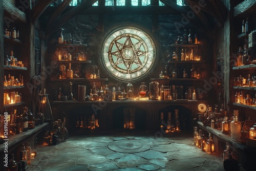Enchanting Alchemist's Workshop Mystical Potions  Arcane Symbols in a Dark, Gothic Setting
