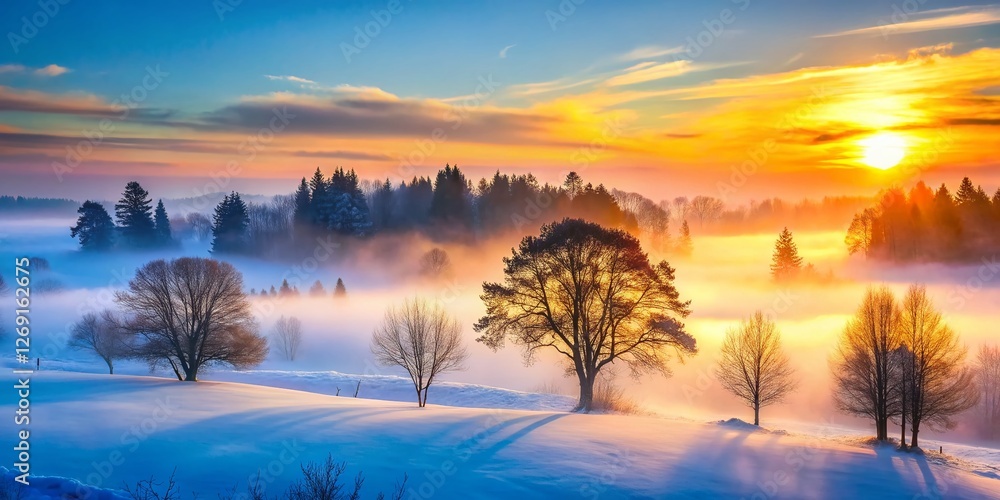 Fototapeta premium Serene Winter Sunrise: Silhouetted Trees in Foggy Landscape