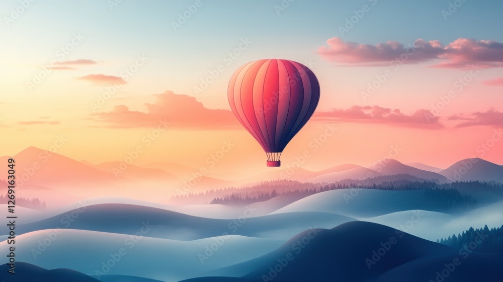 Obraz premium Pink Hot Air Balloon Over Misty Mountains at Sunrise
