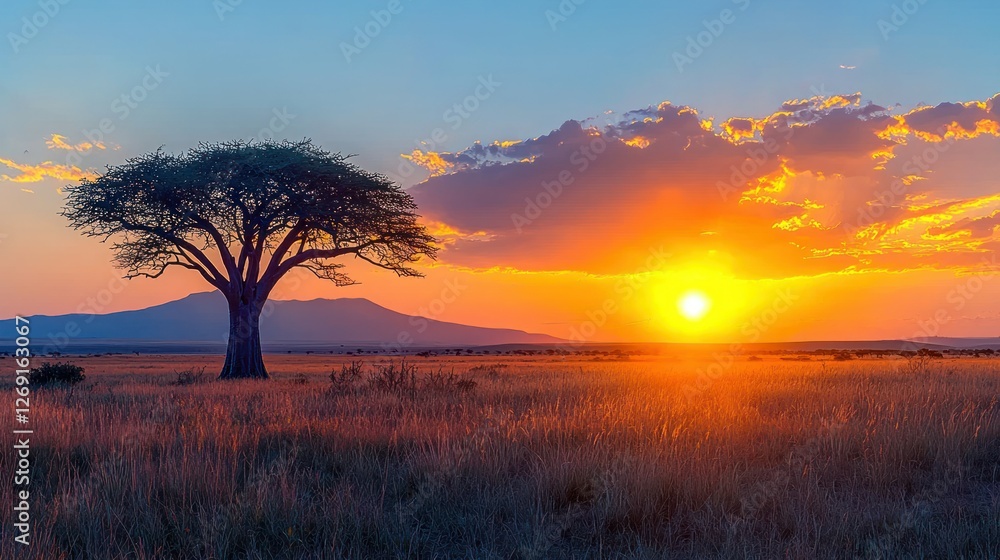 African savanna sunset; lone acacia tree, grasslands; mountains background; travel, nature photography African savanna sunset; lone acacia tree, grasslands; mountains background; travel, nature photography