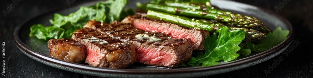 A plate of grilled steak served with steamed asparagus, perfect for a dinner date or special occasion A plate of grilled steak served with steamed asparagus, perfect for a dinner date or special occasion