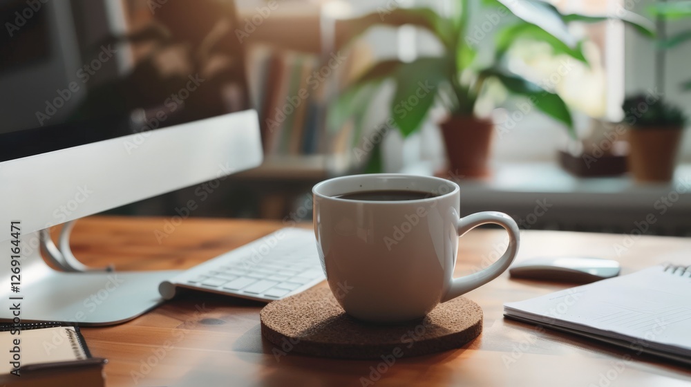 Office desk with a computer, notepad, and coffee cup Office desk with a computer, notepad, and coffee cup