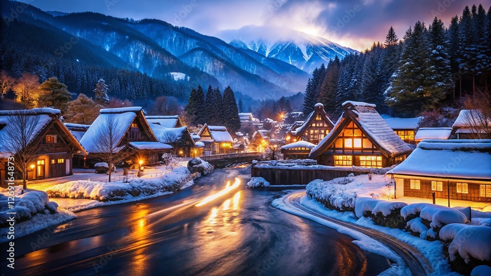 Fototapeta premium Shirakawa-go Gassho-style Houses Sunset Winter Long Exposure Japan