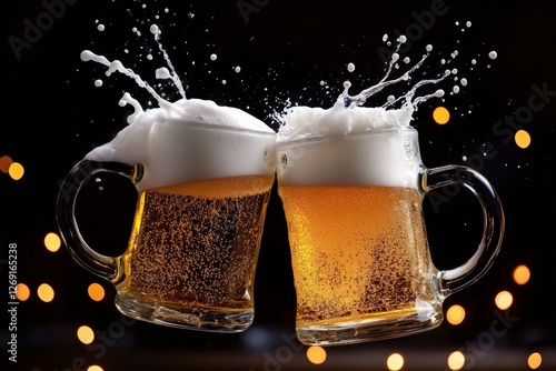 Two beer mugs are clinking together, creating a dynamic splash of foam against a dark backdrop. This lively moment captures the spirit of celebration and enjoyment photo