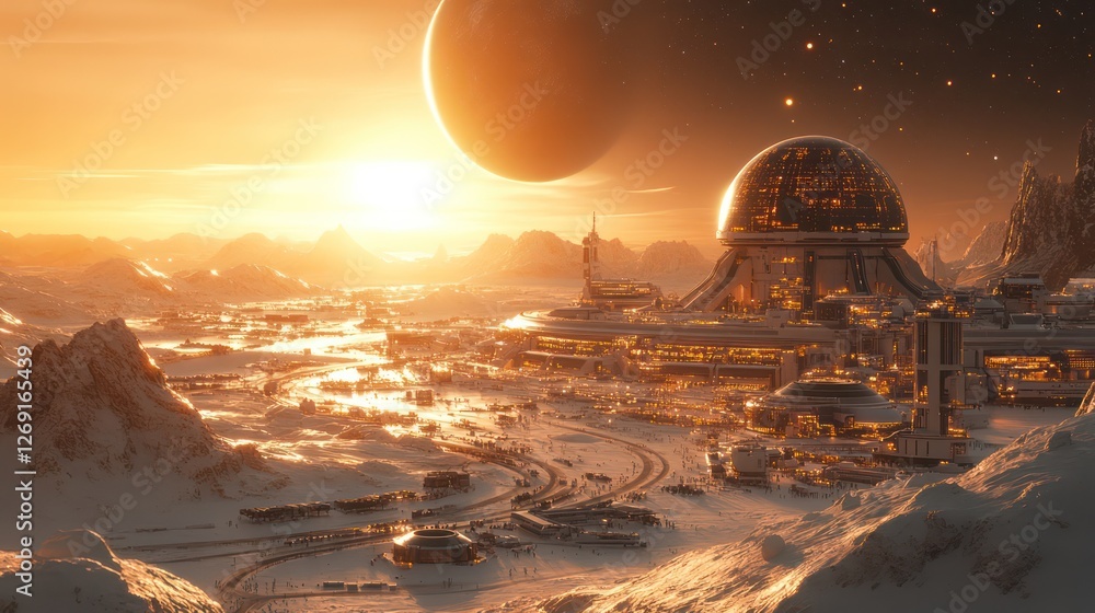 Obraz premium A high-tech spaceport with sleek spacecraft being prepped for launch, robotic arms moving cargo, and augmented reality systems displaying updates under a starry sky.