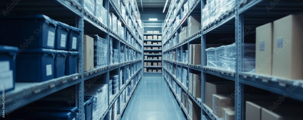 Warehouse aisle stocked with boxes, inventory management Warehouse aisle stocked with boxes, inventory management