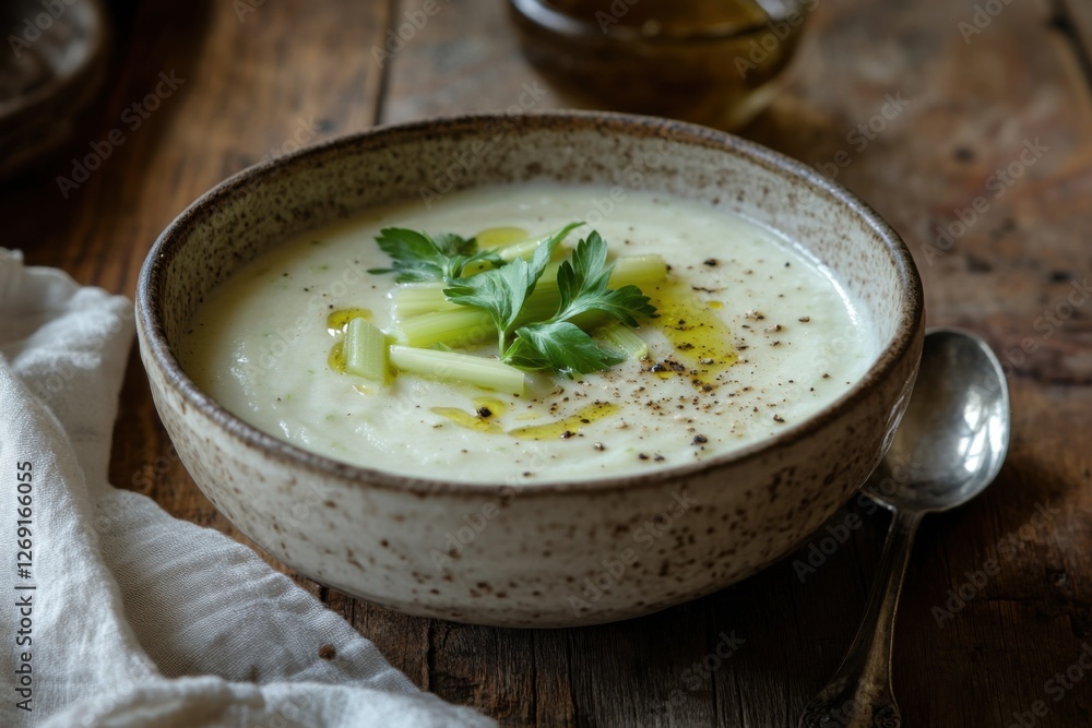 Creamy celery soup served in a rustic ceramic bowl, garnished with fresh parsley, celery pieces, black pepper, and a drizzle of olive oil on a table Creamy celery soup served in a rustic ceramic bowl, garnished with fresh parsley, celery pieces, black pepper, and a drizzle of olive oil on a table