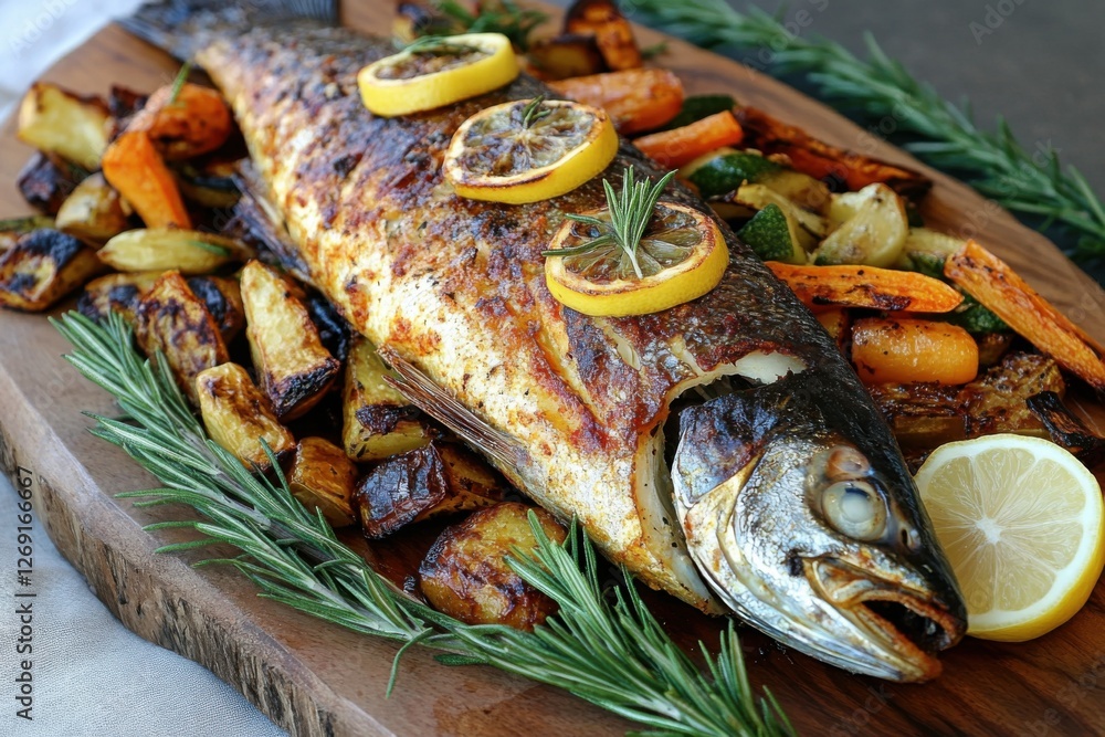 Whole roasted fish with crispy golden skin, garnished with lemon slices, served with roasted vegetables on a wooden board Whole roasted fish with crispy golden skin, garnished with lemon slices, served with roasted vegetables on a wooden board
