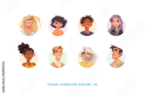 Stylish character avatars. Casual outfits. Various hairstyles, accessories, expressions. Profile pictures for social media, web design, apps and creative projects. Modern cartoon vector illustration