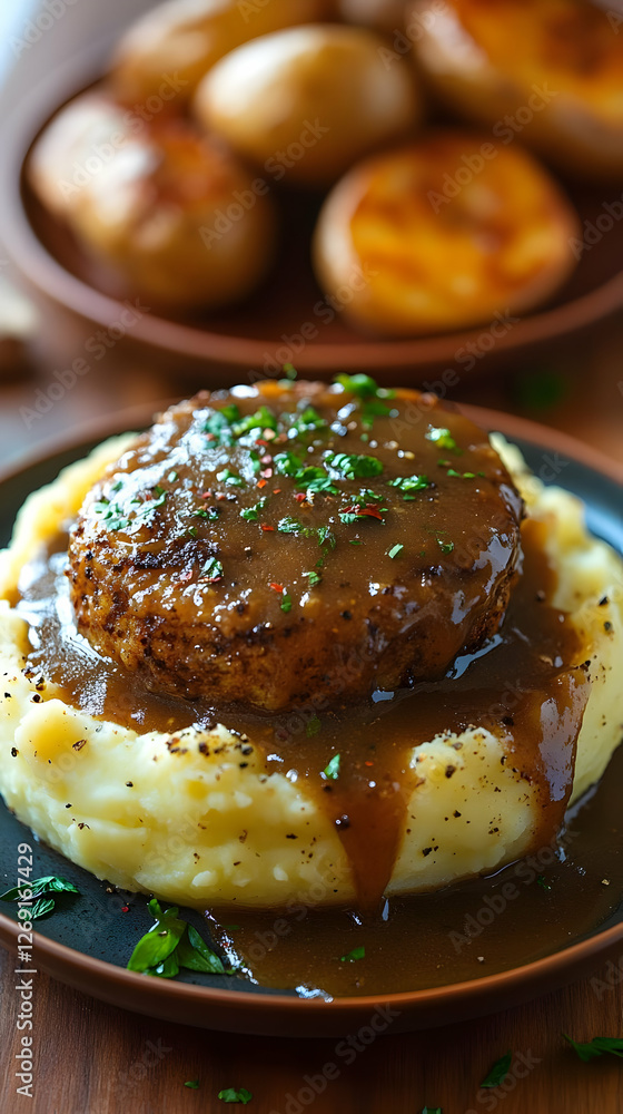 Hearty Meatloaf Served With Creamy Mashed Potatoes And Brown Gravy Hearty Meatloaf Served With Creamy Mashed Potatoes And Brown Gravy