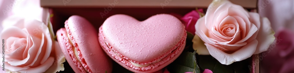 Delicate pastel pink macarons surrounded by fresh red roses on a white background Delicate pastel pink macarons surrounded by fresh red roses on a white background