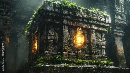 Ancient stone altar glows, jungle temple ruins background, adventure game asset photo