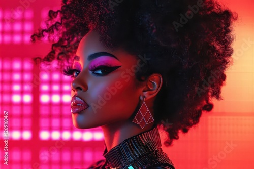 a glamorous 1980sinspired portrait of a black woman with voluminous curls neon makeup bold shoulder pads and geometric jewelry set against a memphisstyle backdrop photo