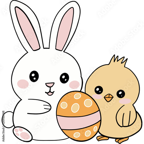 Easter Theme, Cute bunny and chick with an Easter egg illustration.