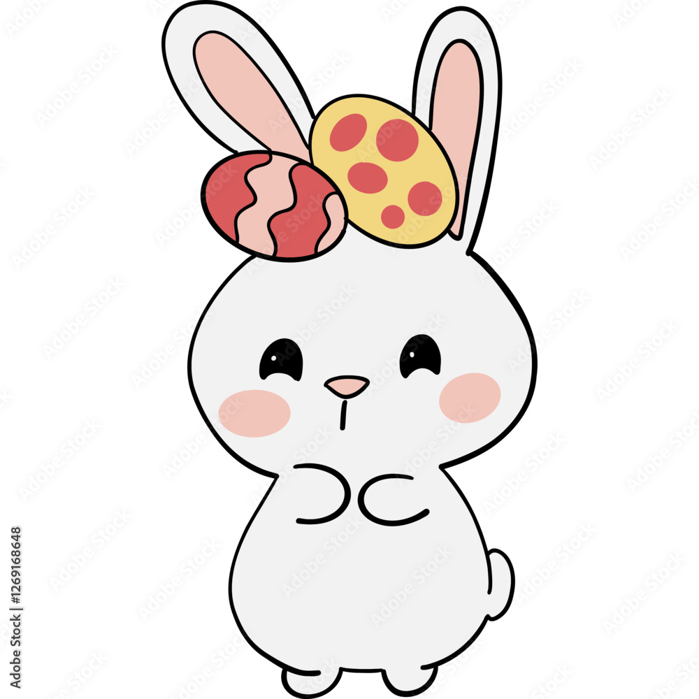 Obraz premium Easter Theme, Cute rabbit with colorful Easter eggs on its head.