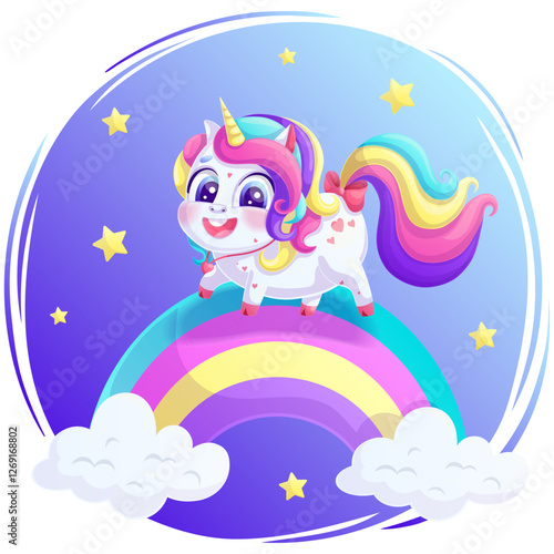 A cute, joyful unicorn stands on a rainbow. A charming animal with a bright mane and a golden horn on a dark blue background with stars.Vector illustration for design, prints and patterns.