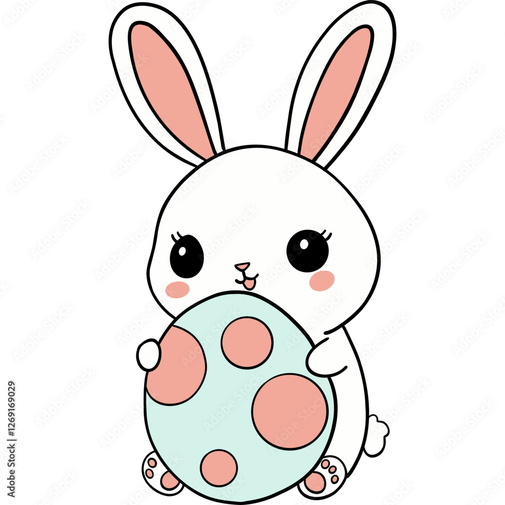 Easter Theme, Cute cartoon bunny holding a decorated egg. Easter Theme, Cute cartoon bunny holding a decorated egg.