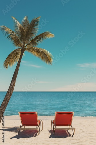 Fototapeta Naklejka Na Ścianę i Meble -  Red sun loungers on a sandy beach under a palm tree near the seashore, advertising minimalist photo