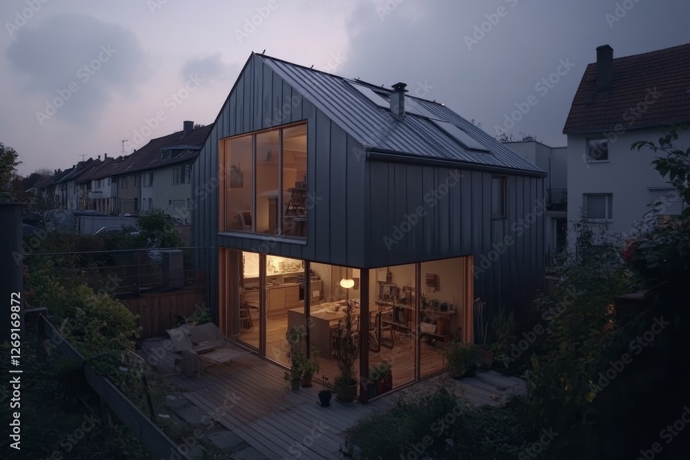 Fototapeta premium Modern House with Large Windows and Metal Siding at Dusk