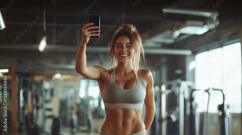 Happy fit woman taking a selfie at the gym after workout Happy fit woman taking a selfie at the gym after workout
