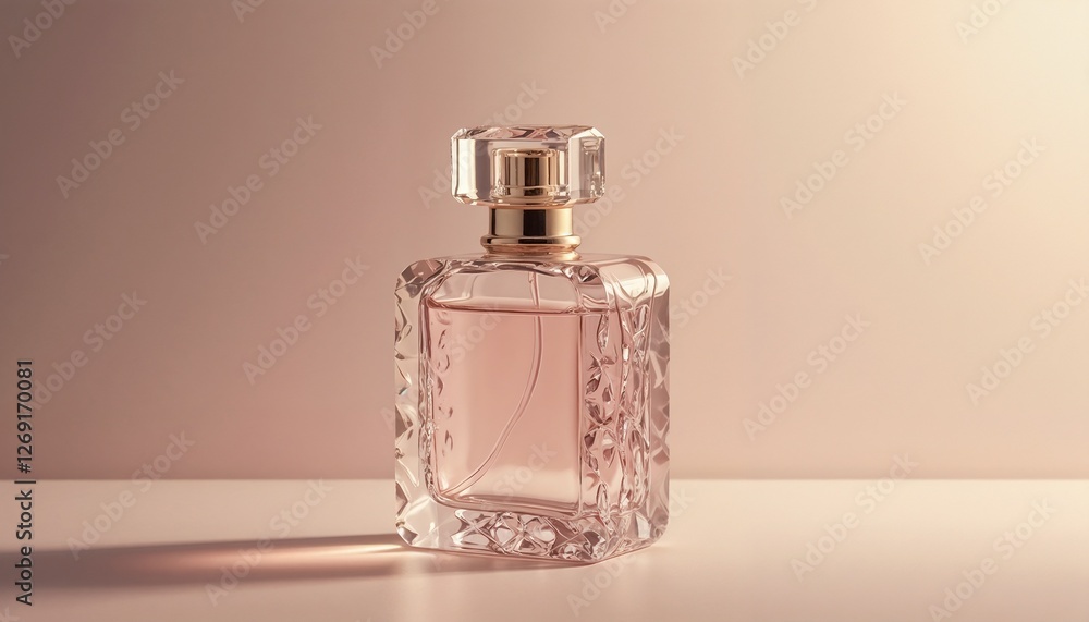 Chic pink perfume bottle with crystal design on a soft background for elegance concept Chic pink perfume bottle with crystal design on a soft background for elegance concept