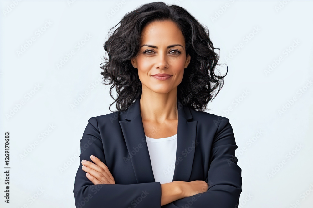 Confident Middle Eastern woman with curly hair, standing with crossed arms against a plain background, wearing business attire, exuding leadership, strength, and professionalism.
Confident Middle Eastern woman with curly hair, standing with crossed arms against a plain background, wearing business attire, exuding leadership, strength, and professionalism.