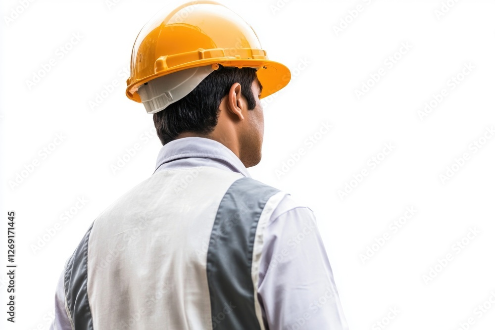 Man in protective gear, likely on a construction or building site Man in protective gear, likely on a construction or building site
