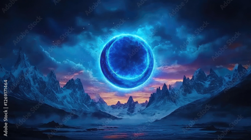 Fototapeta premium Mystical celestial event over frozen mountains digital art surreal environment epic viewpoint