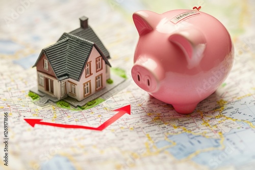 A piggy bank and a house on a map, ideal for financial or travel related concepts photo