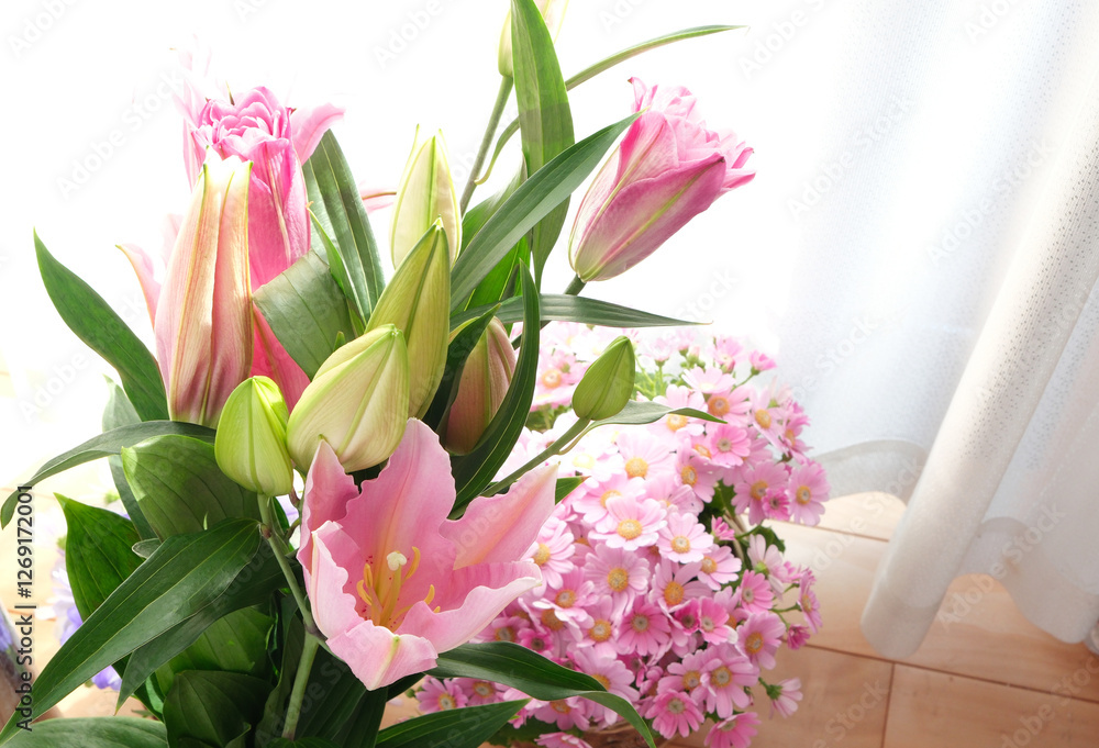 Obraz premium 日の当たる窓際に置いたピンク色のユリの花