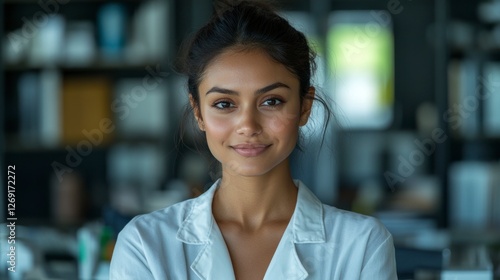 Portrait of a Beautiful Mixed Ethnicity Woman in a Modern Lab Setting with a Bright Smile and Warm Expression