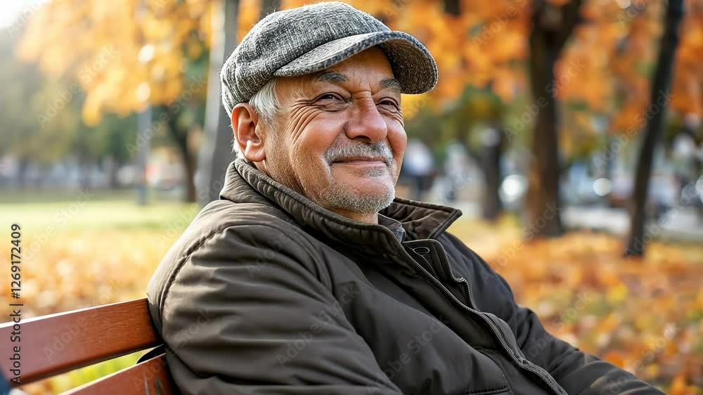 Man in a hat and a brown jacket is sitting on a bench in a park. He is smiling and enjoying the autumn scenery Man in a hat and a brown jacket is sitting on a bench in a park. He is smiling and enjoying the autumn scenery