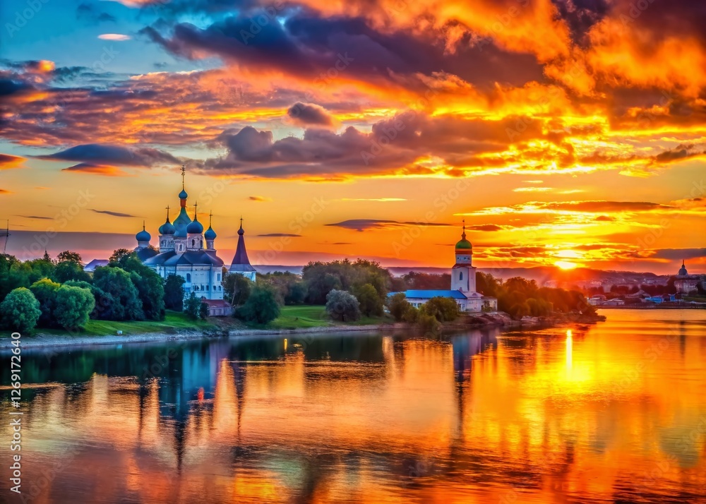 Obraz premium Silhouette Panorama: Volga River, Uglich, Russia - Majestic Sunset