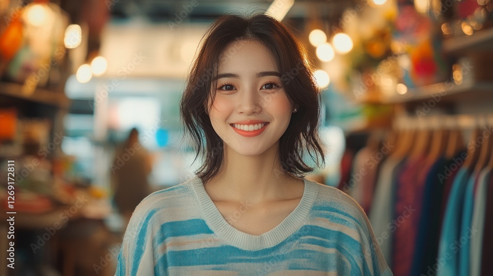 Portrait of an Attractive Young Woman with a Bright Smile in a Cozy and Lively Market Environment Portrait of an Attractive Young Woman with a Bright Smile in a Cozy and Lively Market Environment