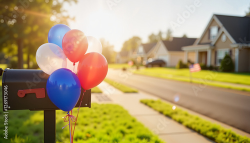 Patriotic balloons tied to mailbox in suburban neighborhood, community spirit
