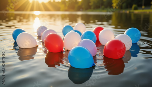 Colorful patriotic balloons floating on water during afternoon picnic, celebration